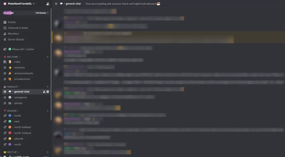Screenshot van het general-chat kanaal op onze Discord (namen en berichten vervaagd)